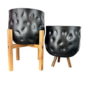 Ev Dekorasyon Aksesuar Siyah Desenli Toprak Saksı Saksılık Salon Çiçeklik İkili Set 4 Ayak -3 Ayaklı 19 Cm
