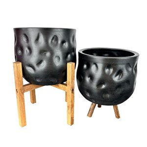 Ev Dekorasyon Aksesuar Siyah Desenli Toprak Saksı Saksılık Salon Çiçeklik İkili Set 4 Ayak -3 Ayaklı 19 Cm