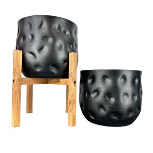 Ev Dekorasyon Aksesuar Siyah Desenli Toprak Saksı Saksılık Salon Çiçeklik İkili Set 4 Ayaklı - Ayaksız 19 Cm