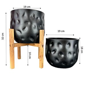 Ev Dekorasyon Aksesuar Siyah Desenli Toprak Saksı Saksılık Salon Çiçeklik İkili Set 4 Ayaklı - Ayaksız 19 Cm