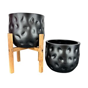 Ev Dekorasyon Aksesuar Siyah Desenli Toprak Saksı Saksılık Salon Çiçeklik İkili Set 4 Ayaklı - Ayaksız 19 Cm