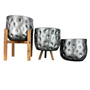 Ev Dekorasyon Aksesuar Gümüş Desenli Toprak Saksı Saksılık Salon Çiçeklik Üçlü Set 19 Cm