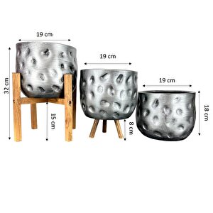 Ev Dekorasyon Aksesuar Gümüş Desenli Toprak Saksı Saksılık Salon Çiçeklik Üçlü Set 19 Cm