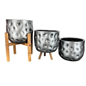 Ev Dekorasyon Aksesuar Gümüş Desenli Toprak Saksı Saksılık Salon Çiçeklik Üçlü Set 19 Cm