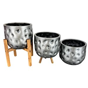 Bitki Tasarımı Ev Dekorasyon Aksesuar Gümüş Desenli Toprak Saksı Saksılık Salon Çiçeklik Üçlü Set 19 Cm