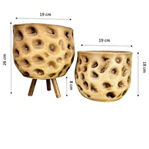 Ev Dekorasyon Aksesuar Naturel Desenli Toprak Saksı Saksılık Salon Çiçeklik İkili Set Ayaksız - 3 Ayaklı 19 Cm