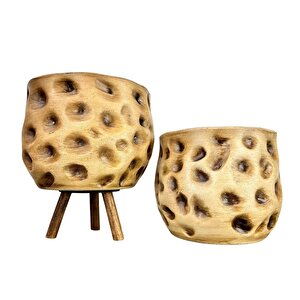 Ev Dekorasyon Aksesuar Naturel Desenli Toprak Saksı Saksılık Salon Çiçeklik İkili Set Ayaksız - 3 Ayaklı 19 Cm