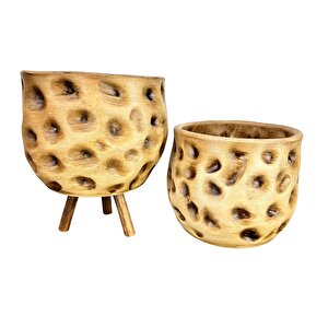 Bitki Tasarımı Ev Dekorasyon Aksesuar Naturel Desenli Toprak Saksı Saksılık Salon Çiçeklik İkili Set Ayaksız - 3 Ayaklı 19 Cm