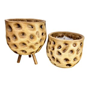 Bitki Tasarımı Ev Dekorasyon Aksesuar Naturel Desenli Toprak Saksı Saksılık Salon Çiçeklik İkili Set Ayaksız - 3 Ayaklı 19 Cm
