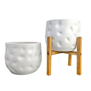 Ev Dekorasyon Aksesuar Beyaz Desenli Toprak Saksı Saksılık Salon Çiçeklik İkili Set Ayaksız - 4 Ayaklı 19 Cm