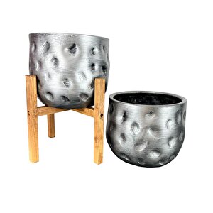 Ev Dekorasyon Aksesuar Gümüş Desenli Toprak Saksı Saksılık Salon Çiçeklik İkili Set 4 Ayaklı - Ayaksız 19 Cm