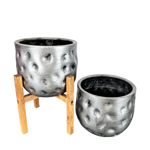 Bitki Tasarımı Ev Dekorasyon Aksesuar Gümüş Desenli Toprak Saksı Saksılık Salon Çiçeklik İkili Set 4 Ayaklı - Ayaksız 19 Cm