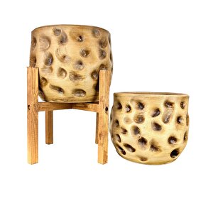 Ev Dekorasyon Aksesuar Naturel Desenli Toprak Saksı Saksılık Salon Çiçeklik İkili Set 4 Ayaklı - Ayaksız 19 Cm