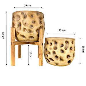 Ev Dekorasyon Aksesuar Naturel Desenli Toprak Saksı Saksılık Salon Çiçeklik İkili Set 4 Ayaklı - Ayaksız 19 Cm