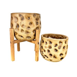 Bitki Tasarımı Ev Dekorasyon Aksesuar Naturel Desenli Toprak Saksı Saksılık Salon Çiçeklik İkili Set 4 Ayaklı - Ayaksız 19 Cm