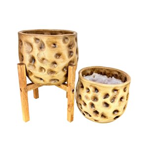 Bitki Tasarımı Ev Dekorasyon Aksesuar Naturel Desenli Toprak Saksı Saksılık Salon Çiçeklik İkili Set 4 Ayaklı - Ayaksız 19 Cm