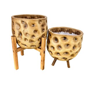 Bitki Tasarımı Ev Dekorasyon Aksesuar Naturel Desenli Toprak Saksı Saksılık Salon Çiçeklik İkili set 4 Ayaklı - 3 Ayaklı 19 Cm