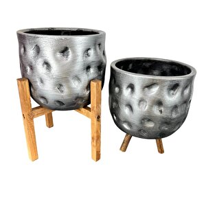 Bitki Tasarımı Ev Dekorasyon Aksesuar Gümüş Desenli Toprak Saksı Saksılık Salon Çiçeklik İkili Set 4 Ayaklı- 3 Ayaklı  19 Cm