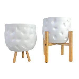 Ev Dekorasyon Aksesuar Beyaz Desenli Toprak Saksı Saksılık Salon Çiçeklik İkili set 3-4 Ayaklı 19 Cm