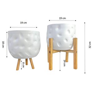 Ev Dekorasyon Aksesuar Beyaz Desenli Toprak Saksı Saksılık Salon Çiçeklik İkili set 3-4 Ayaklı 19 Cm