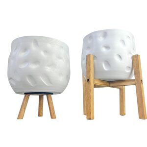 Ev Dekorasyon Aksesuar Beyaz Desenli Toprak Saksı Saksılık Salon Çiçeklik İkili set 3-4 Ayaklı 19 Cm