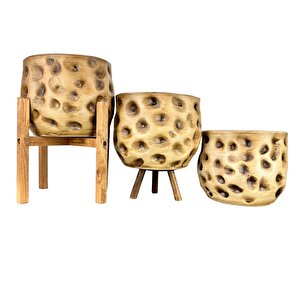 Ev Dekorasyon Aksesuar Naturel Desenli Toprak Saksı Saksılık Salon Çiçeklik Üçlü Set 19 Cm