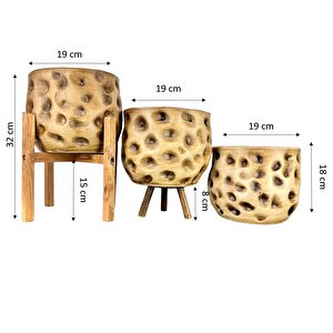 Ev Dekorasyon Aksesuar Naturel Desenli Toprak Saksı Saksılık Salon Çiçeklik Üçlü Set 19 Cm