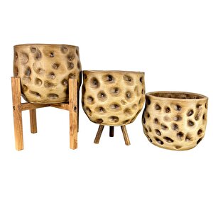 Ev Dekorasyon Aksesuar Naturel Desenli Toprak Saksı Saksılık Salon Çiçeklik Üçlü Set 19 Cm