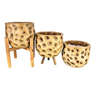 Bitki Tasarımı Ev Dekorasyon Aksesuar Naturel Desenli Toprak Saksı Saksılık Salon Çiçeklik Üçlü Set 19 Cm
