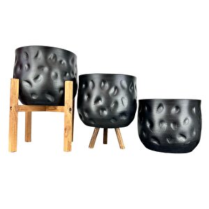 Ev Dekorasyon Aksesuar Siyah desenli Toprak Saksı Saksılık Salon Çiçeklik Üçlü Set 19 Cm