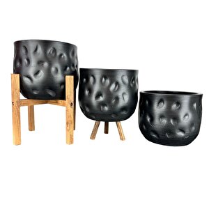 Ev Dekorasyon Aksesuar Siyah desenli Toprak Saksı Saksılık Salon Çiçeklik Üçlü Set 19 Cm