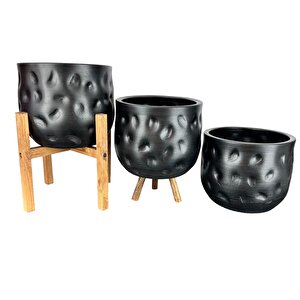 Bitki Tasarımı Ev Dekorasyon Aksesuar Siyah desenli Toprak Saksı Saksılık Salon Çiçeklik Üçlü Set 19 Cm