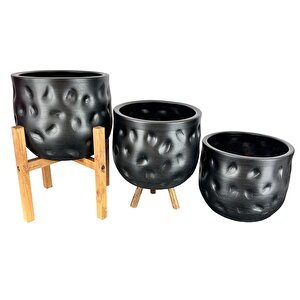 Bitki Tasarımı Ev Dekorasyon Aksesuar Siyah desenli Toprak Saksı Saksılık Salon Çiçeklik Üçlü Set 19 Cm