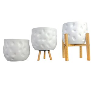 Ev Dekorasyon Aksesuar Beyaz Desenli Toprak Saksı Saksılık Salon Çiçeklik Üçlü Set 19 Cm