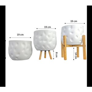 Ev Dekorasyon Aksesuar Beyaz Desenli Toprak Saksı Saksılık Salon Çiçeklik Üçlü Set 19 Cm