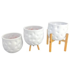 Ev Dekorasyon Aksesuar Beyaz Desenli Toprak Saksı Saksılık Salon Çiçeklik Üçlü Set 19 Cm