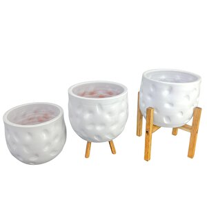 Bitki Tasarımı Ev Dekorasyon Aksesuar Beyaz Desenli Toprak Saksı Saksılık Salon Çiçeklik Üçlü Set 19 Cm