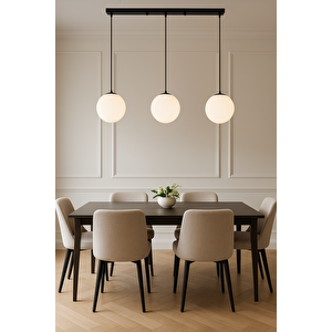Modern Camlı Avize Beyaz Mat Glop Camlı Salon Avizesi 3 Lü Sıralı Avize Siyah