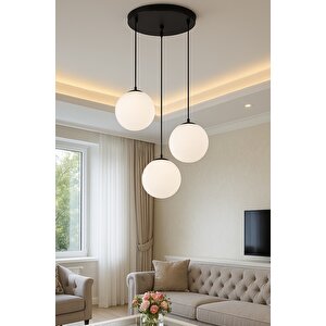 Modern Camlı Avize Beyaz Mat Glop Camlı Salon Avizesi 3 Lü Sarkıt Avize Siyah