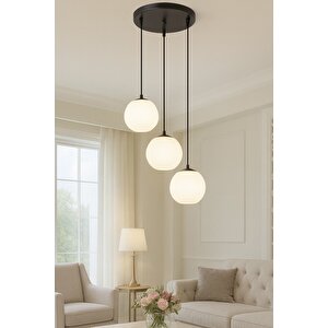 Modern Camlı Avize Beyaz Mat Glop Camlı Salon Avizesi 3 Lü Sarkıt Avize Siyah