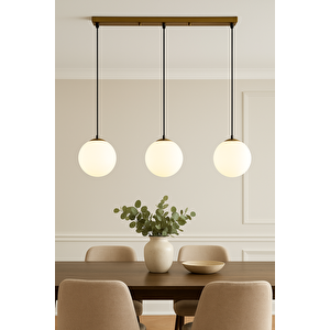 Modern Camlı Avize Beyaz Mat Glop Camlı Salon Avizesi 3 Lü Sıralı Avize Eskitme Gold