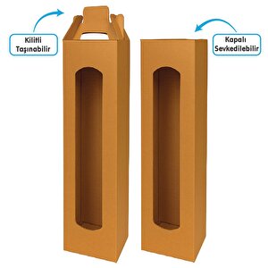8x8x33cm |25 ADET | Pencereli Kraft Şişe Kutusu, Taşıma Saplı – Zeytinyağı, Sirke Ve Cam Şişe Uyumlu