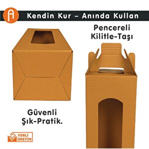 8x8x33cm |25 ADET | Pencereli Kraft Şişe Kutusu, Taşıma Saplı – Zeytinyağı, Sirke Ve Cam Şişe Uyumlu