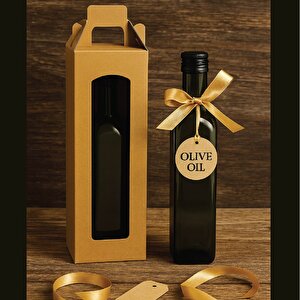 8x8x33cm |25 ADET | Pencereli Kraft Şişe Kutusu, Taşıma Saplı – Zeytinyağı, Sirke Ve Cam Şişe Uyumlu
