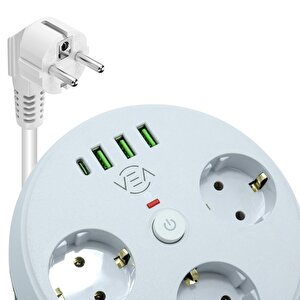 Vea Ve-26583 3'lü 1.5 Metre Kablolu 3 Usb / Type-c Girişli Akım Korumalı Grup Priz