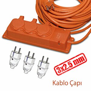 Uzatma Kablosu Monofaze Cca 3x2.5 Mm Çoğaltıcı Seyyar Topraklı Kapaklı 3'lü Grup Priz Fiş 20 Metre