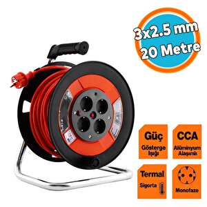 Seyyar Plastik Makaralı Monofaze Uzatma Kablosu 3x2.5 Mm 20 Metre Cca Alüminyum Alaşım Kablo 4 Priz
