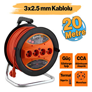 Plastik Makaralı Seyyar Cca Kablo 4 Prizli Uzatma Kablosu 3x2.5 Mm 20 Metre Alüminyum Alaşım Kablosu