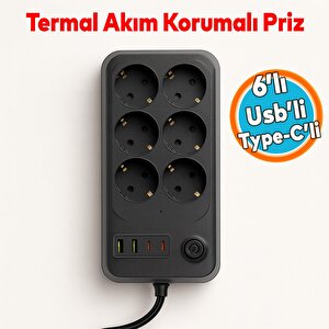 Akım Korumalı Topraklı Golyat Grup Şarj Fiş Priz 6 Prizli 4 Usb Girişli 2 Metre Uzatma Kablosu