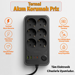 Akım Korumalı Topraklı Golyat Grup Şarj Fiş Priz 6 Prizli 4 Usb Girişli 2 Metre Uzatma Kablosu